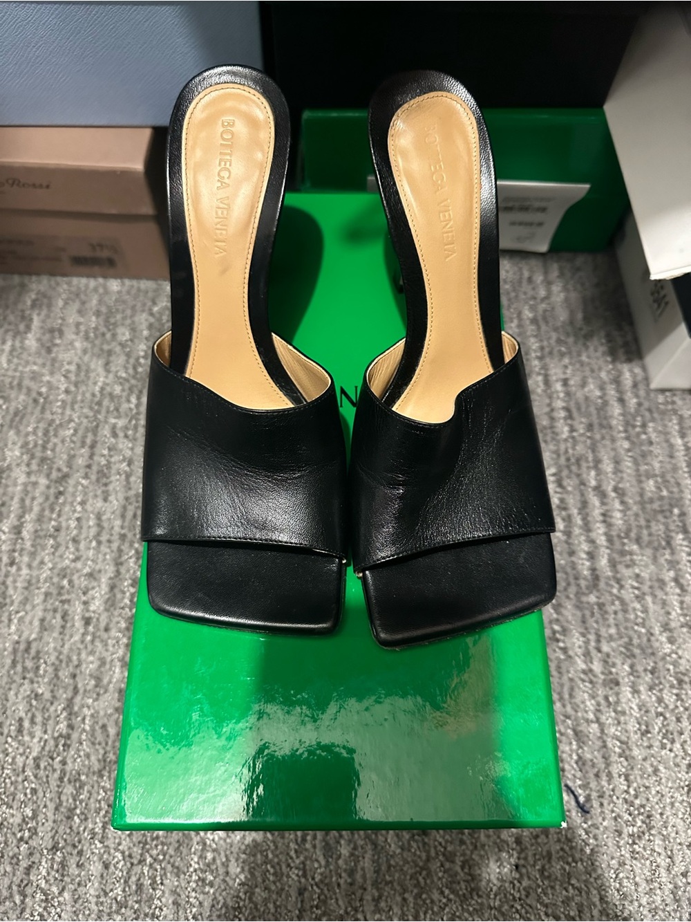 Bottega Veneta Black Leather Square-Toe Slide Mules